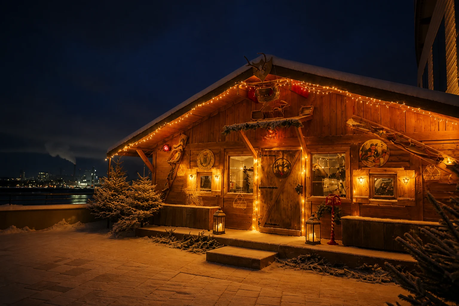 ElbAlm Hütte bei Nacht an der Elbe