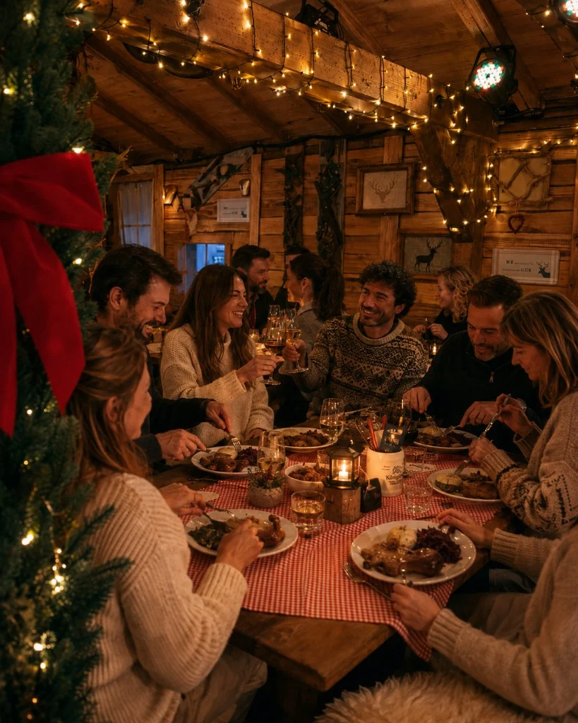 Gruppe beim Buffet und Drinks in der ElbAlm